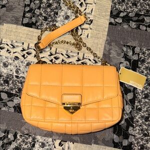Michael Kors Quilted Leather Crossbody Bag in Canteloupe with Gold Chain
